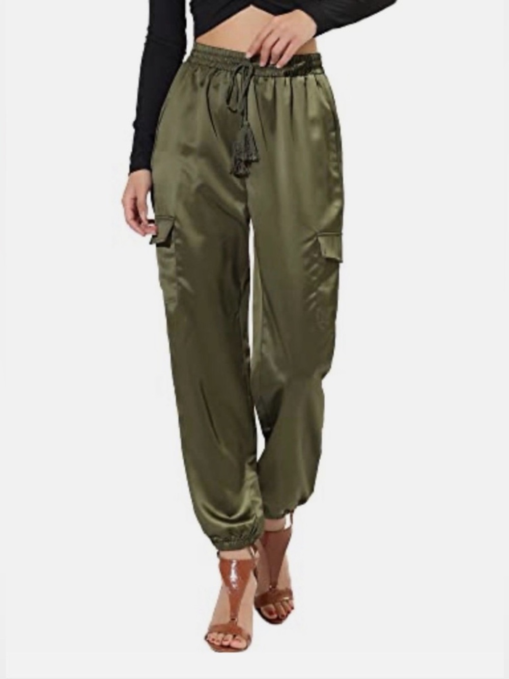 Allegra K Women's Drawstring Cargo Pocket Silky Satin Jogger Pants Green